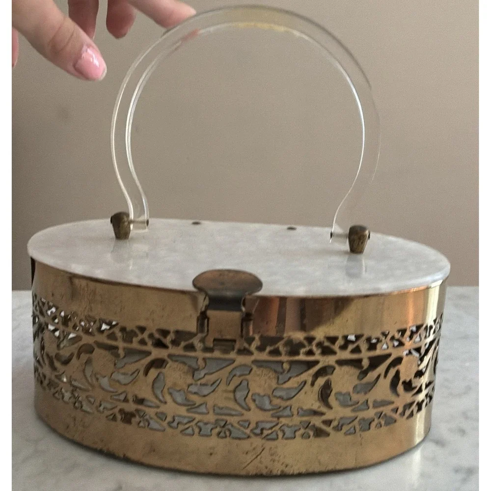 1950's Vntge Pearlescent Lucite/ Gold Tone Metal Filigree Box Top Handle Purse